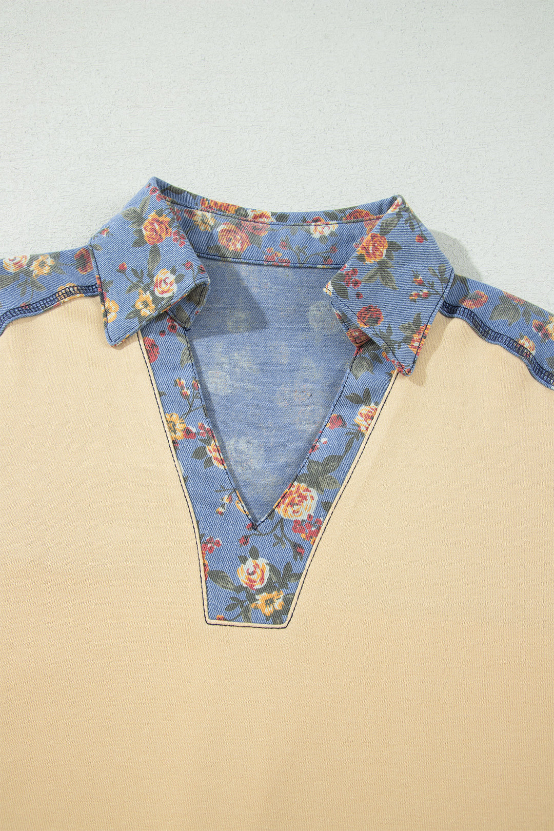 Apricot Floral Denim Patchwork Collar V Neck Long Sleeve Pullover Top