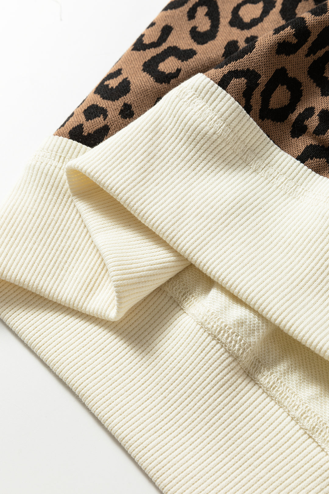 Beige Raw Seam Color Block Leopard Patchwork Baggy Long Sleeve Top