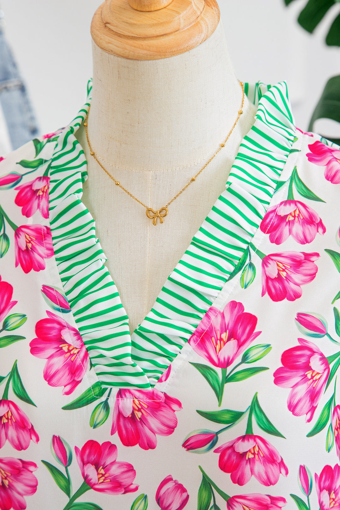 Multicolour Sweet Floral Print Striped Ruffle Trim V Neck Blouse