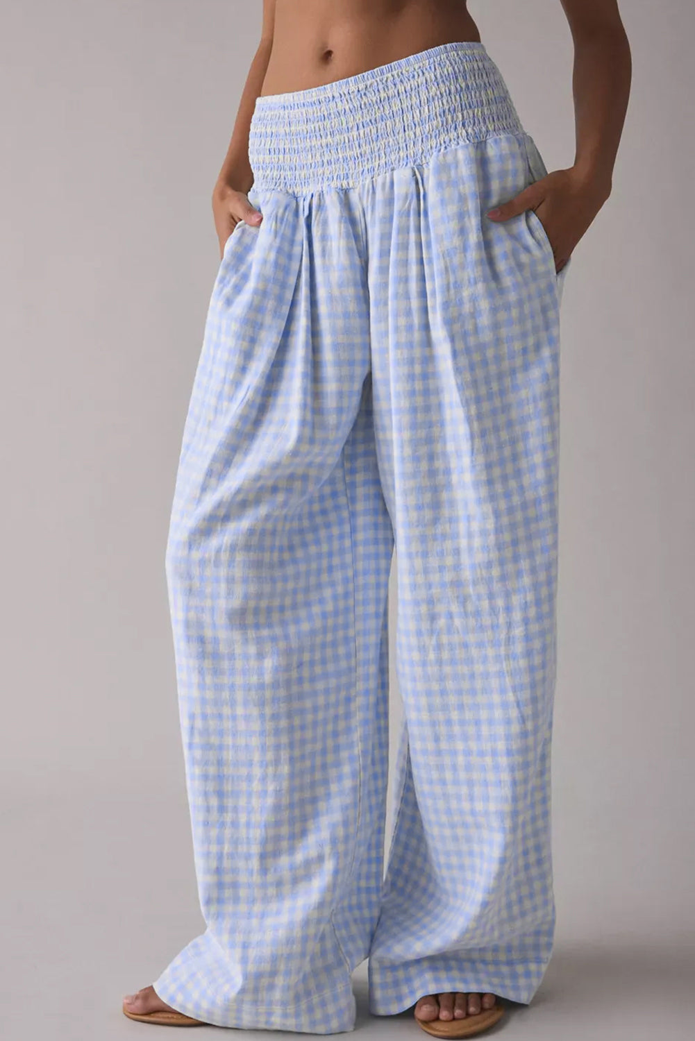 Myosotis Plaid Print Smocked High Waist Womens Loose Pants