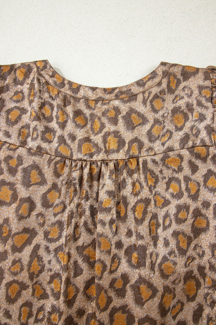 Khaki Leopard Print V Neck Ruffled Sleeve Tiered Loose Mini Dress