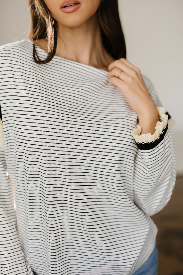 White Stripe Contrasted Ruffle Trim Loose Long Sleeve Top