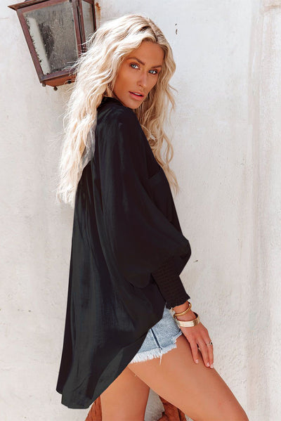 Black Shirred Cuffs Bubble Sleeve Oversized Shirt