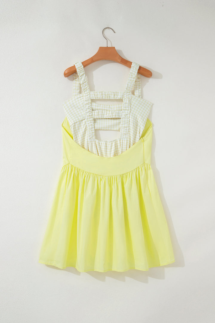 Yellow Cream Faux Two Piece Gingham Contrast Patchwork Loose Mini Dress