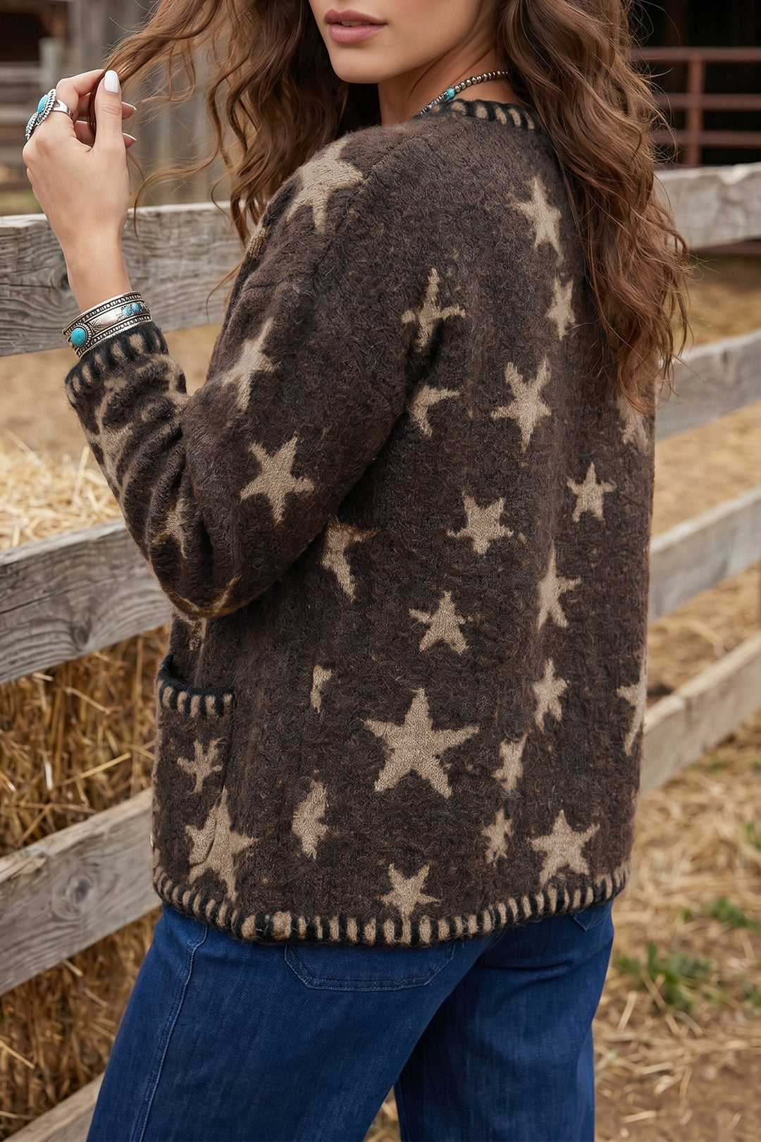 Brown Stars Pattern Colorblock Long Sleeve Shift Cardigan