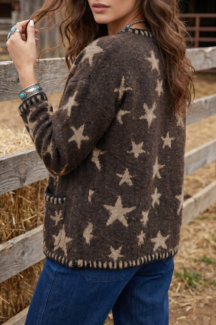 Brown Stars Pattern Colorblock Long Sleeve Shift Cardigan
