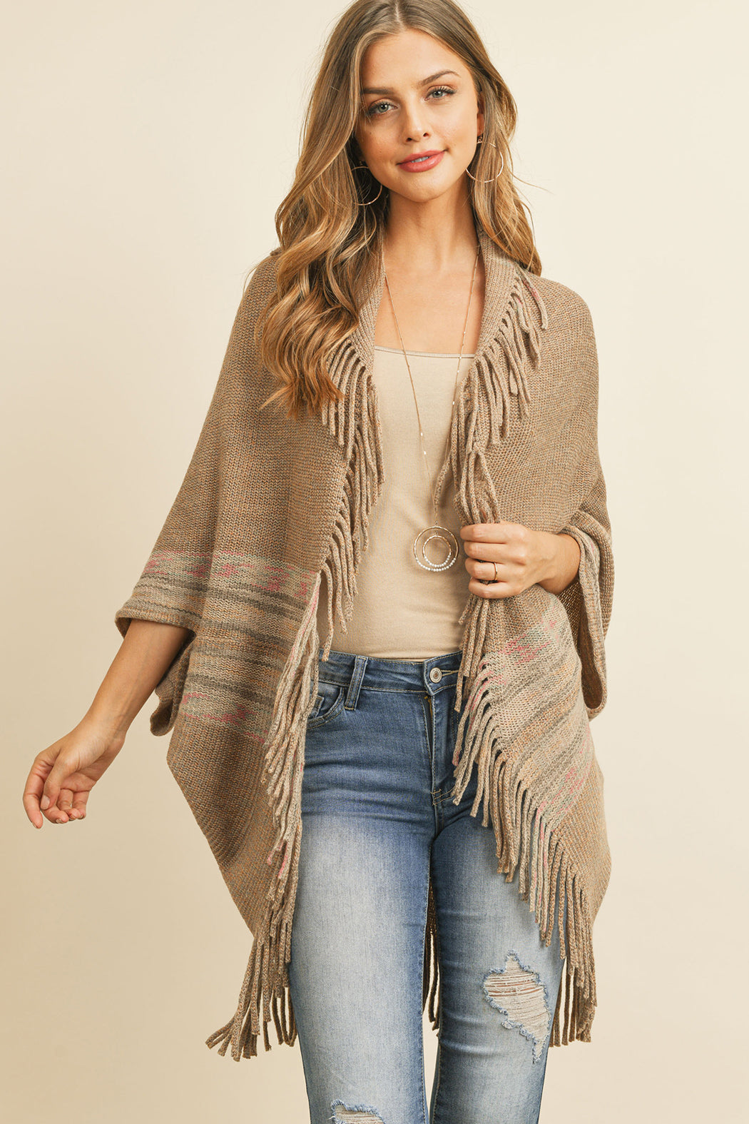 Fringe Stripe Open Front Kimono