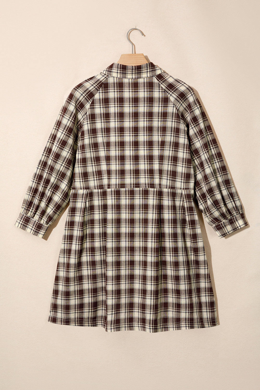Brown Plaid Long Sleeve Short Shift Mini Dress