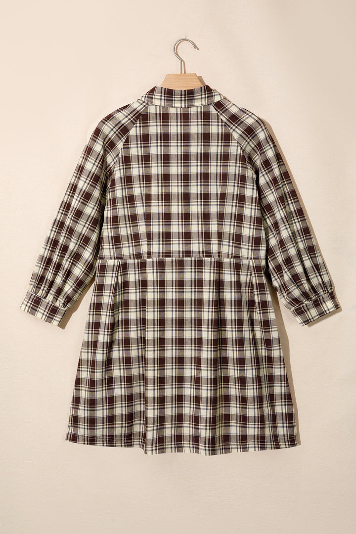 Brown Plaid Long Sleeve Short Shift Mini Dress