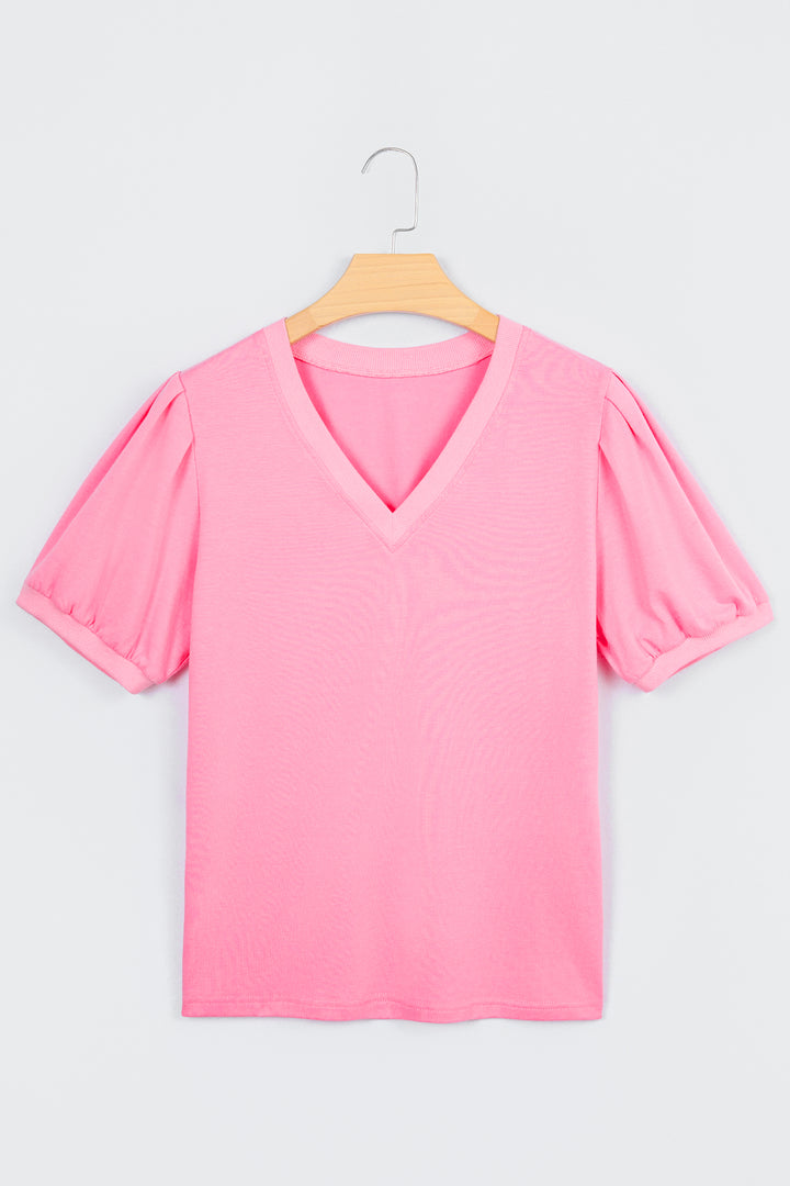 Bonbon Solid Color V Neck Short Puff Sleeve Blouse