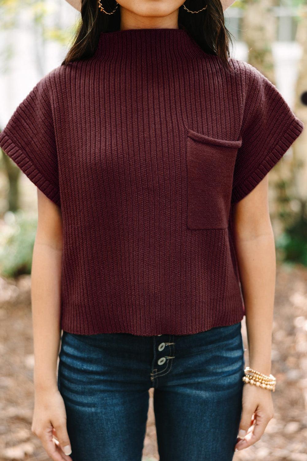 Rose Red Patch Pocket Ribbed Knit Short Sleeve Sweater