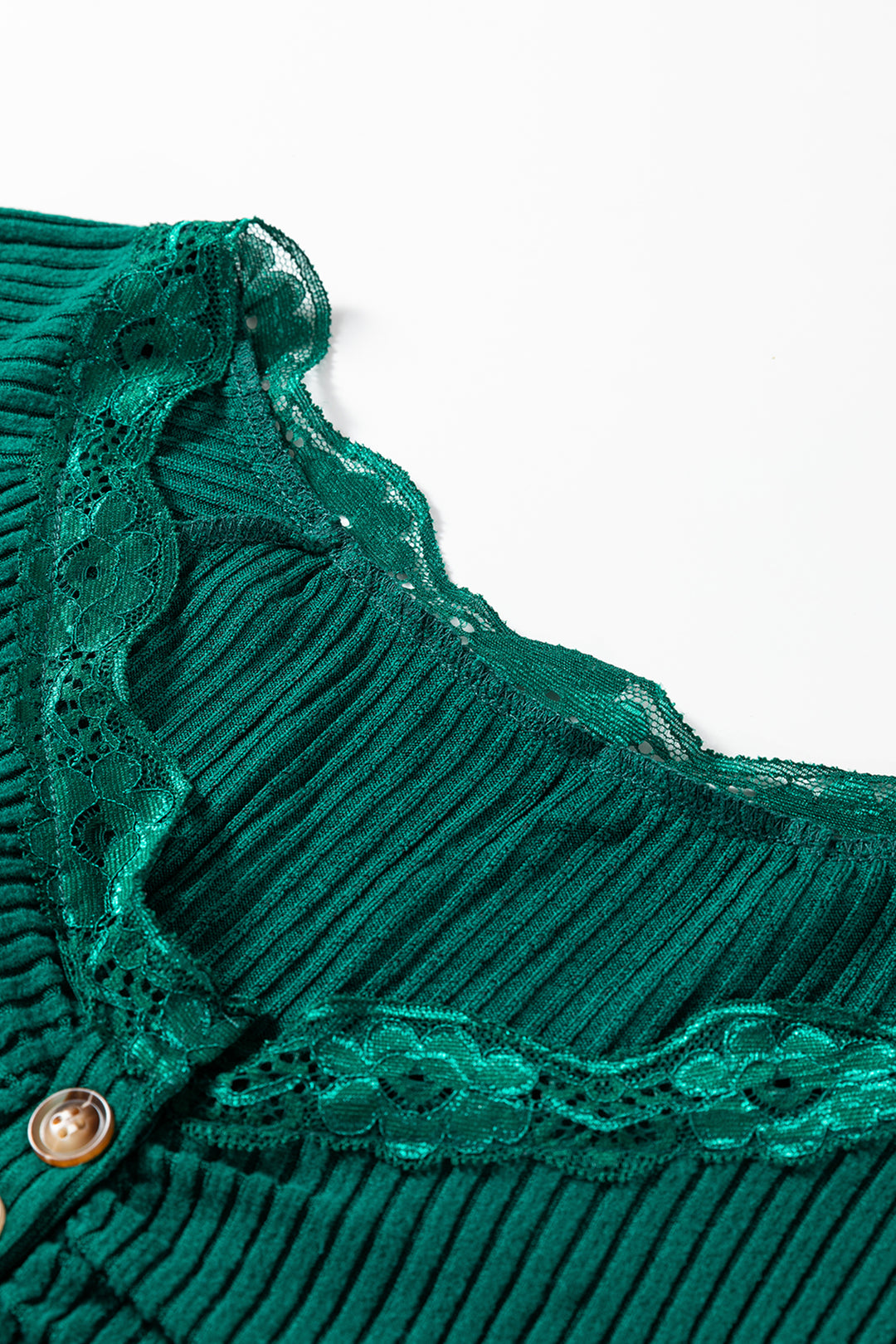 Skobeloff Lace Neckline Button Decor Lettuce Edge Long Sleeve Ribbed Top