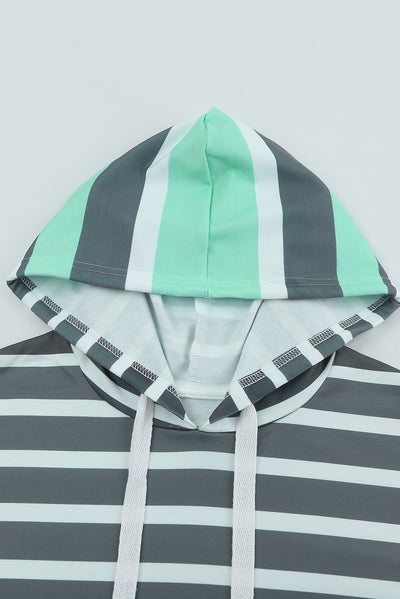 Green Striped Drawstring Long Sleeve Hoodie