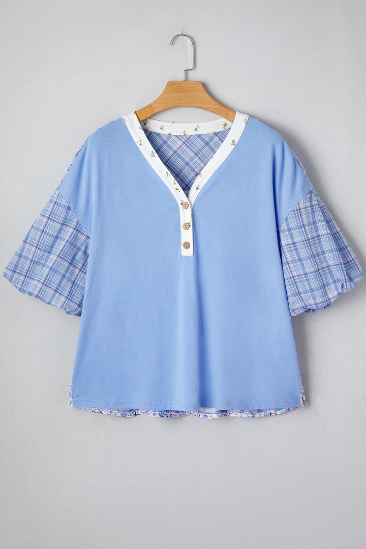 Beau Blue Color Block Plaid Bubble Sleeve Patchwork Blouse
