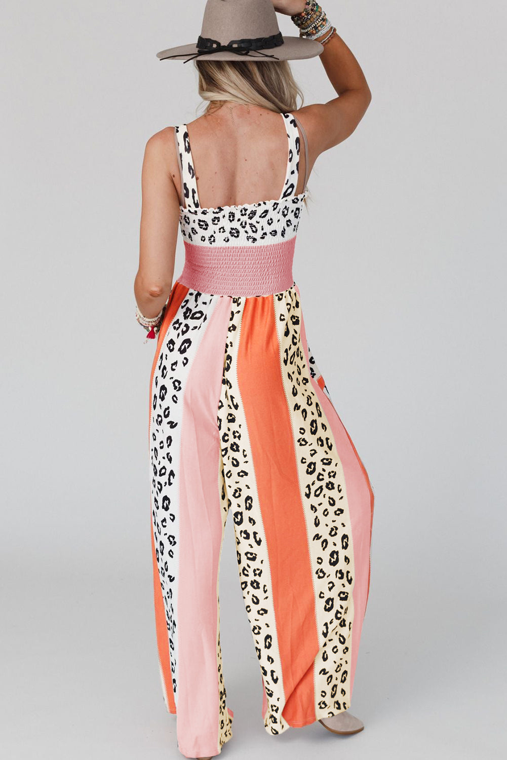 Pink Leopard Color Block Mix Print Pocketed Jumpsuit