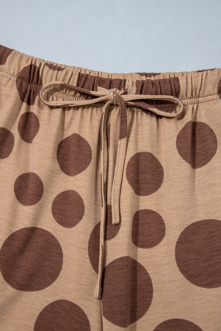 Khaki Polka Dot Long Sleeve Top Drawstring Relaxed Pants Set