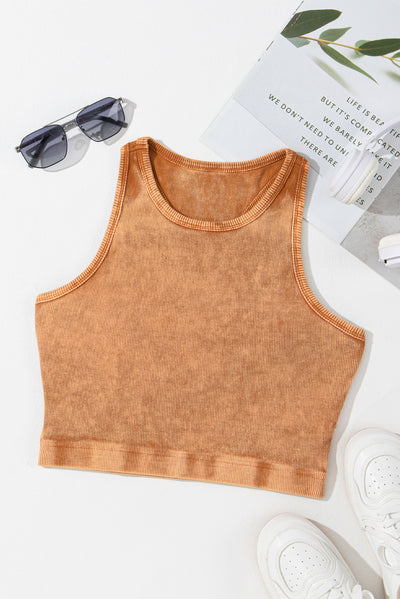 Gold Flame Ribbed Mineral Wash Racerback Cropped Tank Top