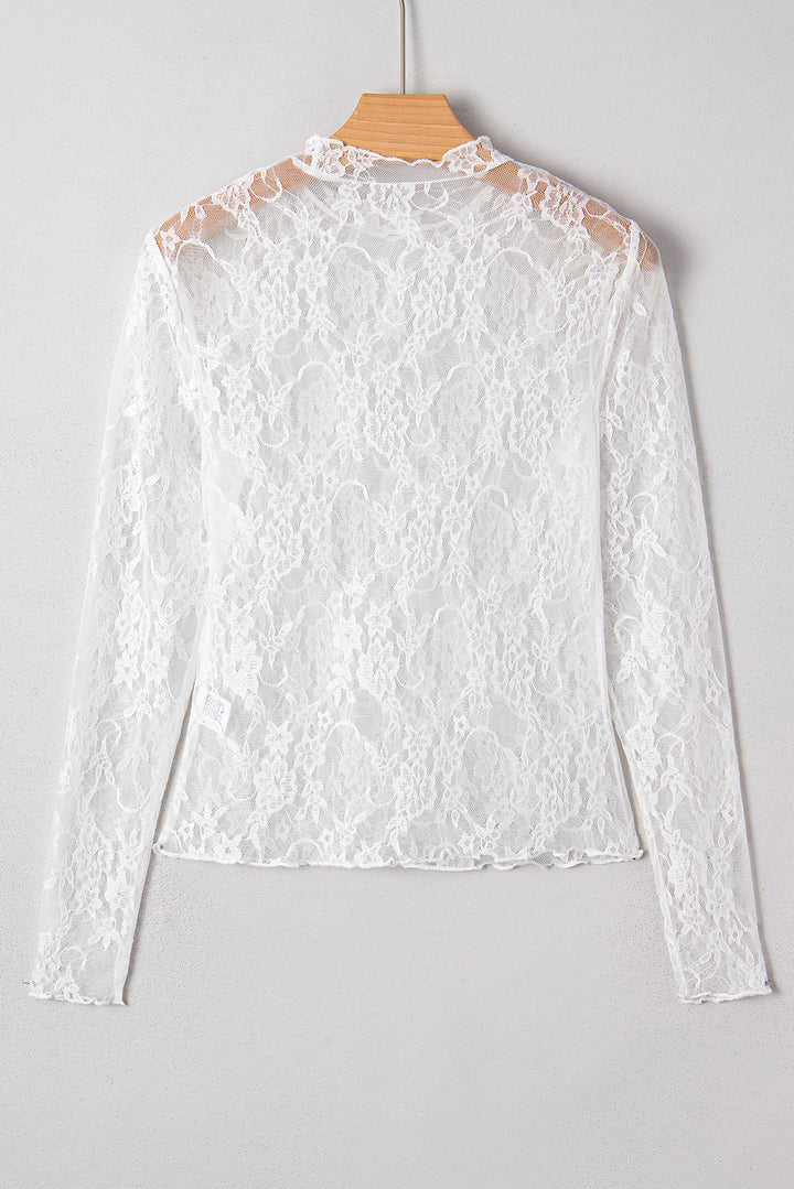 White Sheer Lace Mesh Mock Neck Slim Fit Long Sleeve Top