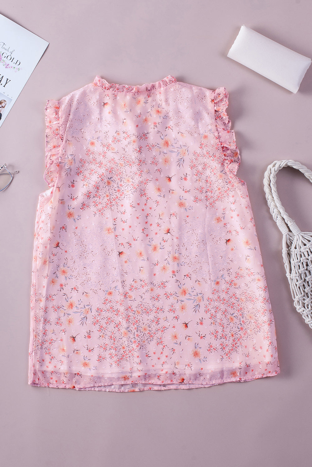 Pink Floral Print Drawstring Frill Trim Sleeveless Top