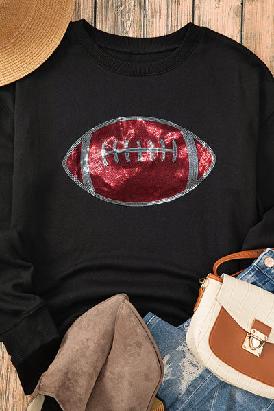 Black Rhinestone Rugby Football Pattern Crew Neck Pullover Sweatshirt