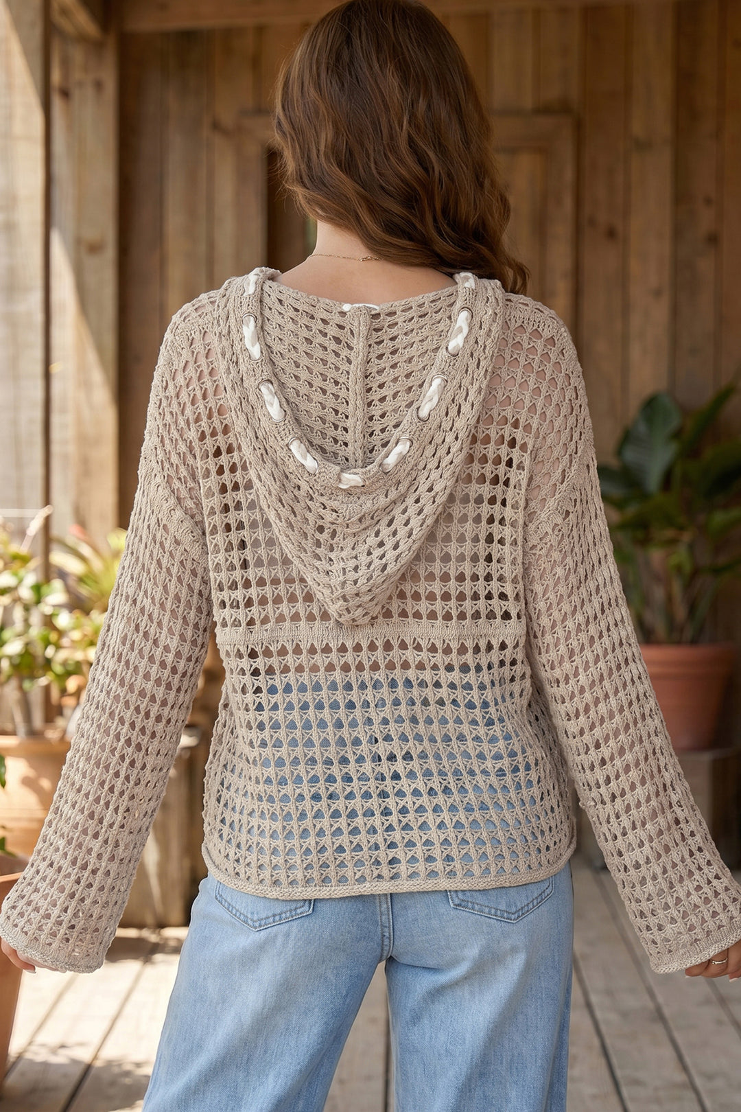 Sage Green Star Pattern Crochet Hooded Drawstring Sweater