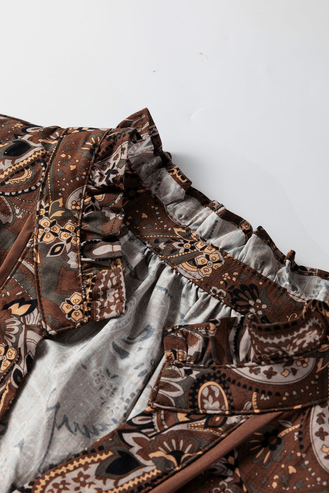 Brown Paisley Print Half Buttons Puff Sleeve Flowy Short Dress