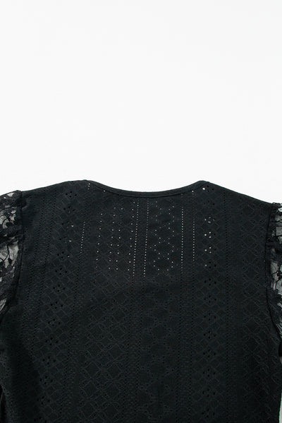 Black Frenchy Contrast Lace Bishop Sleeve Bodysuit