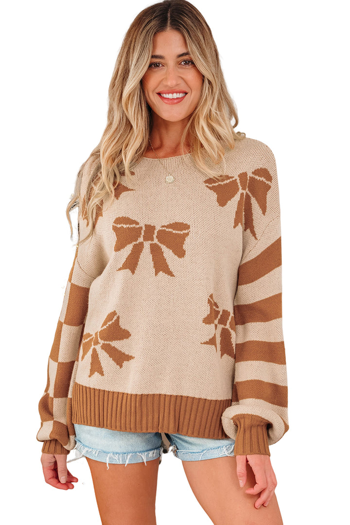 Straw Yellow Ribbon Bow Print Checkered Striped Sleeve Drop Shoulder Sweater
