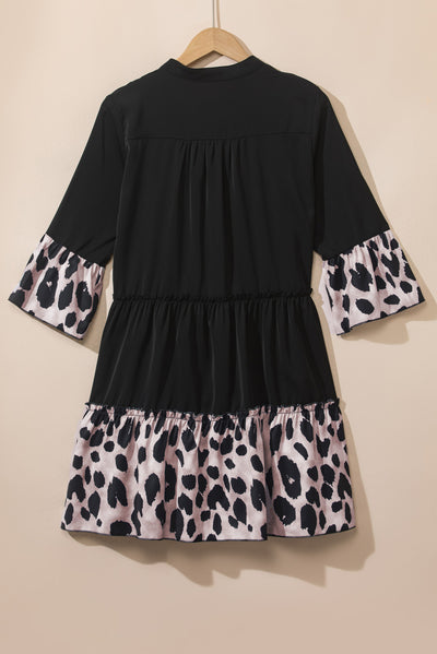 Black Leopard Trim V Neck Ruffled Sleeve Flared Dress