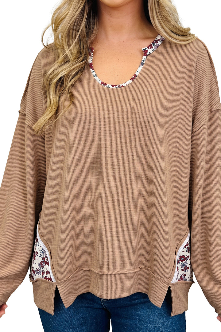 Light French Beige Floral Trim U Neck Long Sleeve Tunic Casual Pullover Top