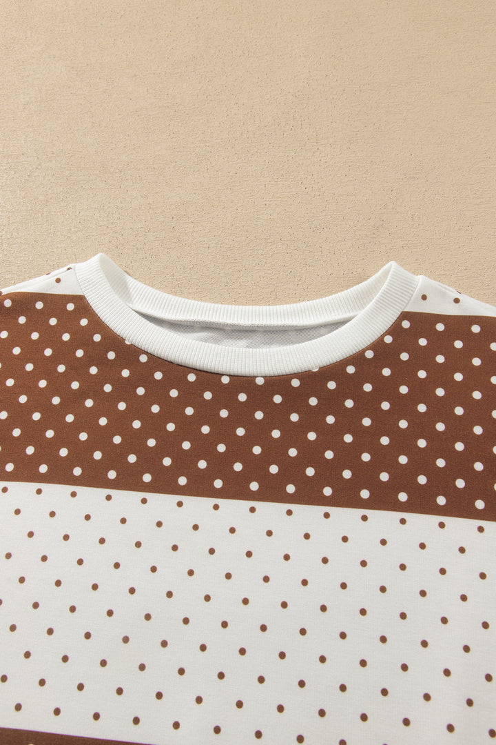 Blue Polka Dot Patchwork Colorblock Long Sleeve Top