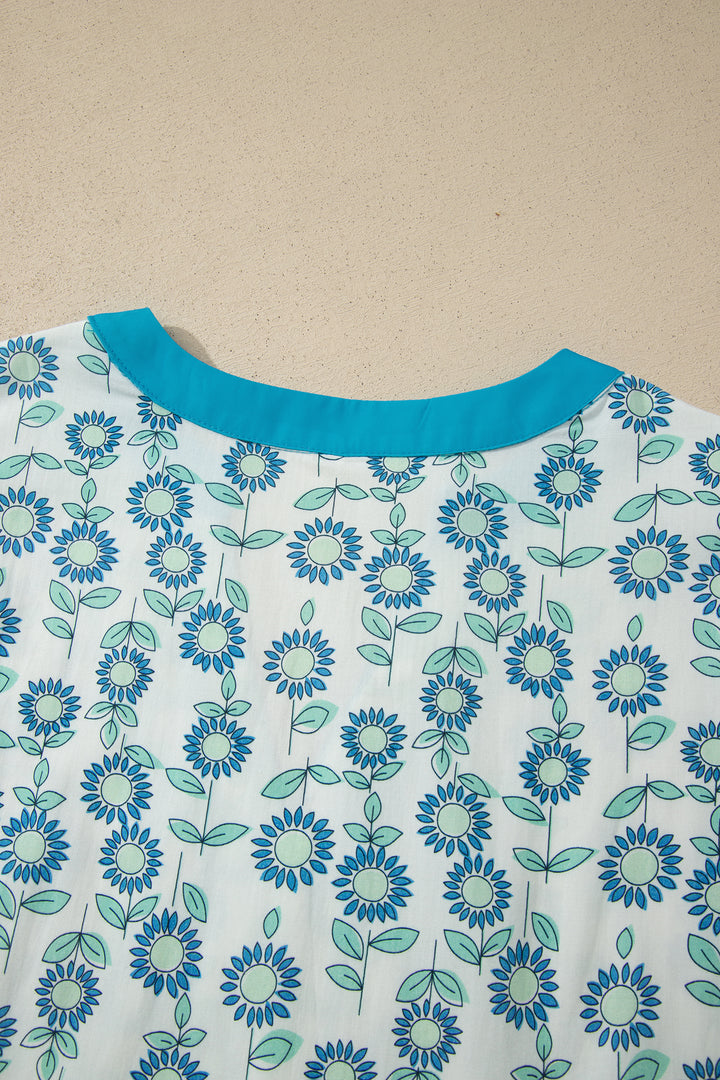 Red Sunflower Printed Contrast Trim V Neck Flutter Sleeve Blouse
