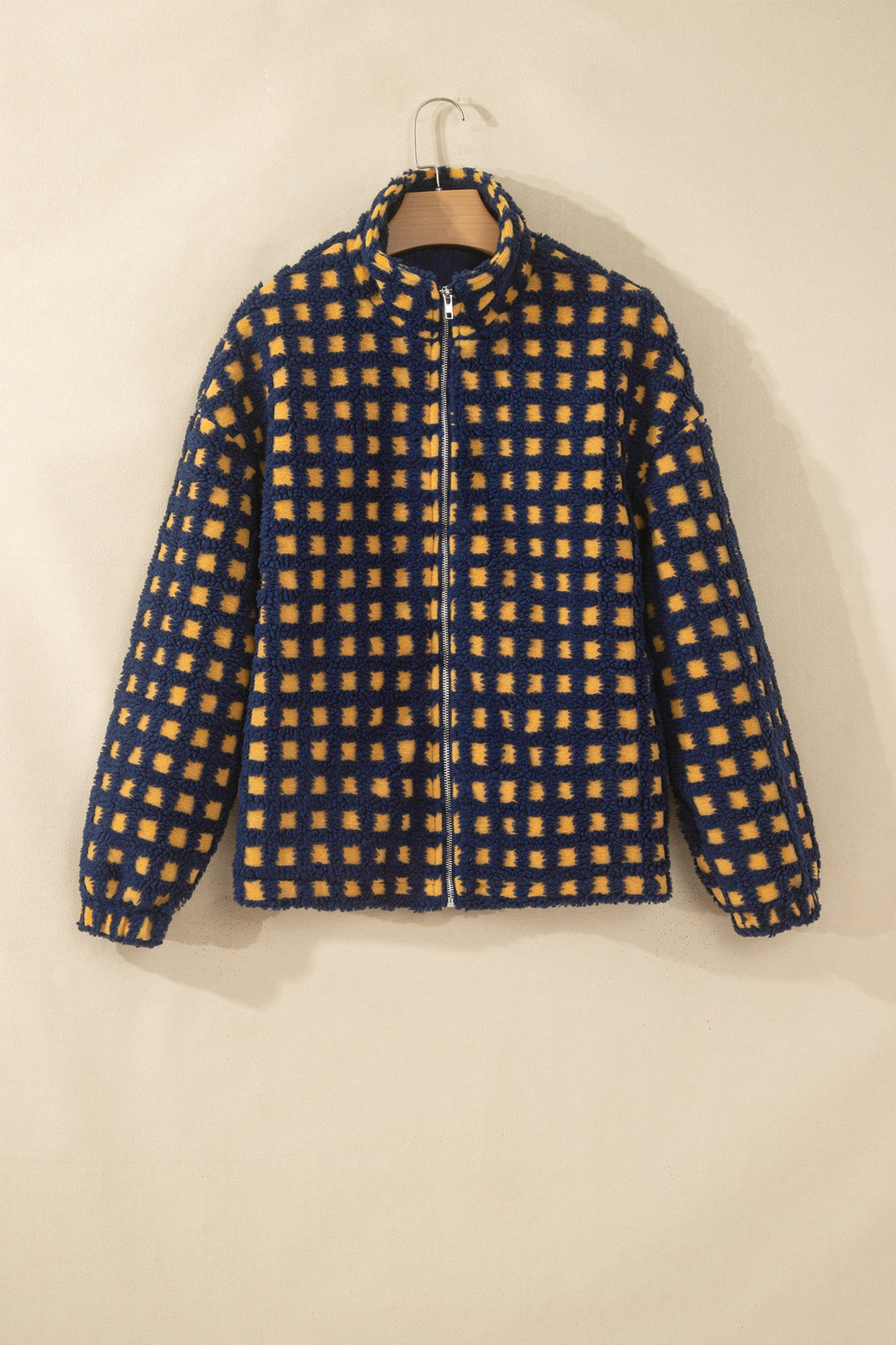 Blue Plaid Sherpa Fleece Zip Up Jacket