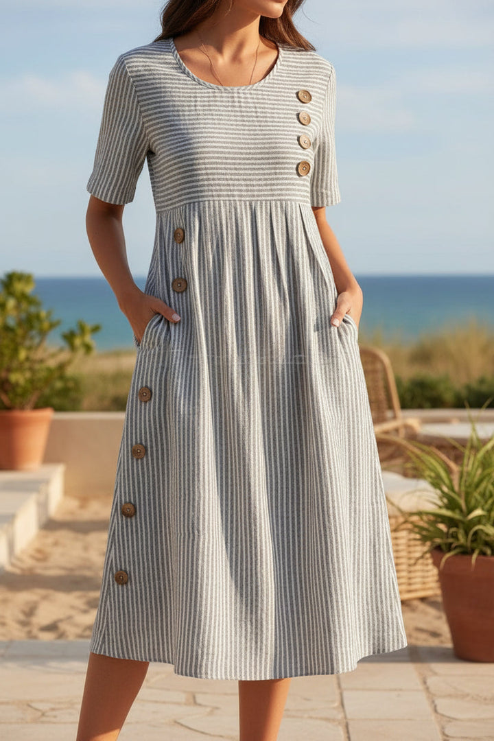Button-Down Swing Maxi Dress – Short Sleeve Pocket Pullover Long Dress