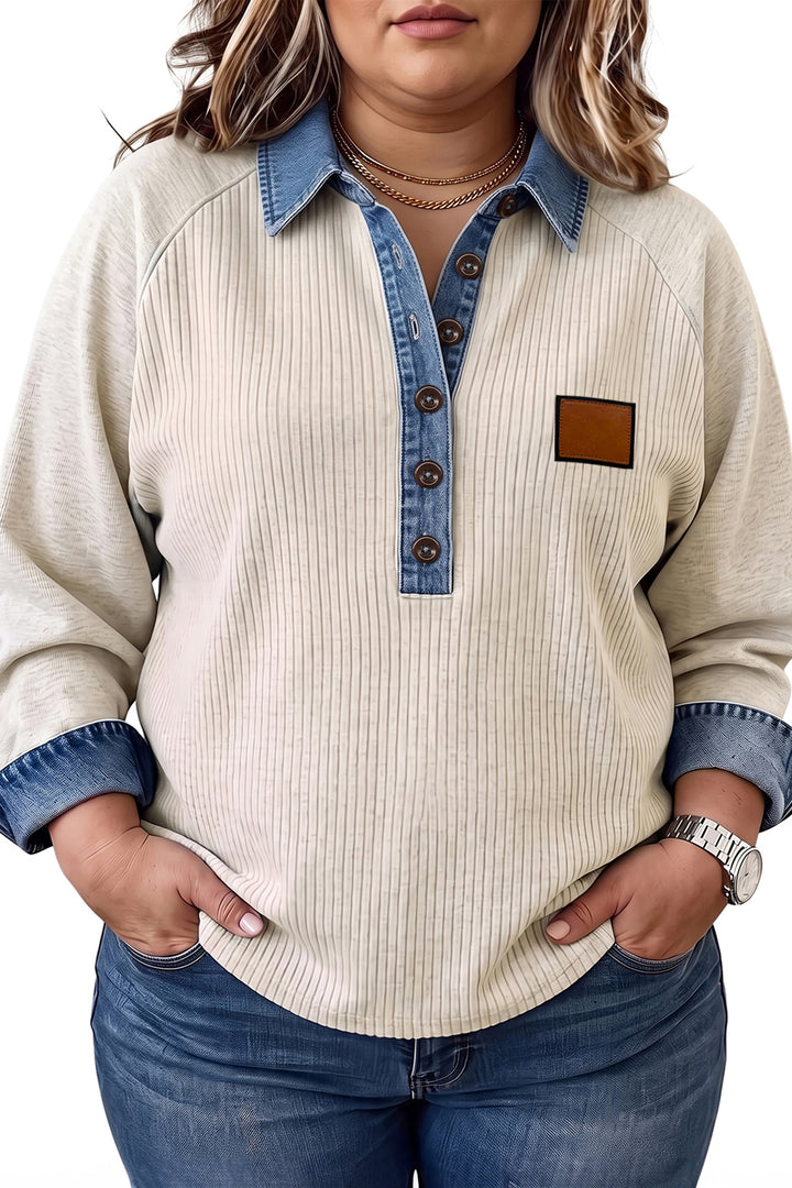 Light Grey V-Neck Long Sleeve Tunic Top with Denim Collar Cuffs Ribbed Texture Plus Size Blouse