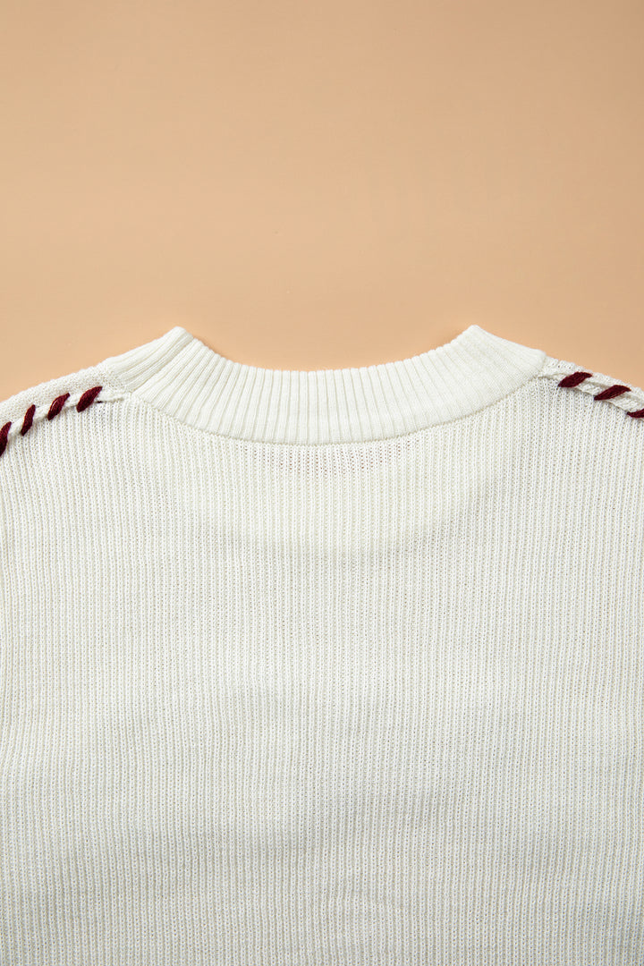 Beige Drop Shoulder Game Day Letter Print Pullover Sweater