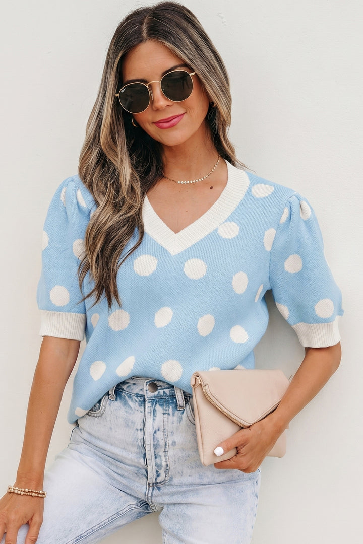 Rose Red Polka Dot Puff Short Sleeve Sweater Top