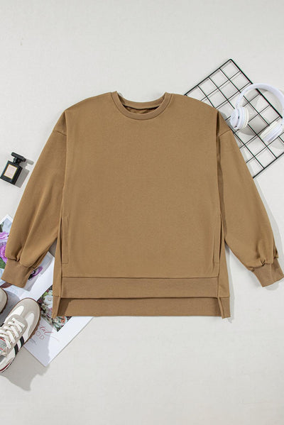 Brown Solid O Neck High Low Hem Pullover Sweatshirt