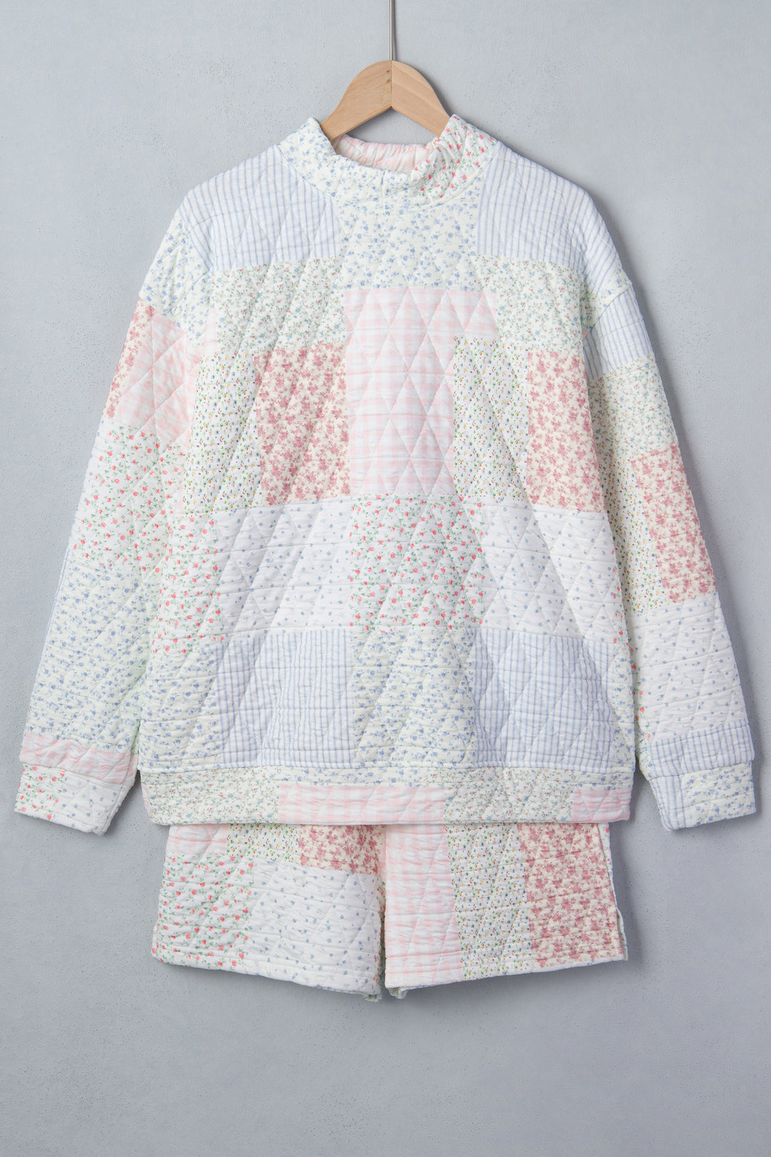 Multicolour Floral Quilted Mock Neck Top and Short Set