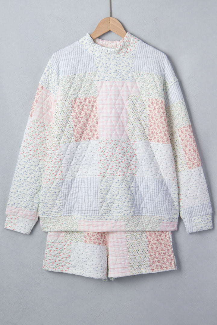 Multicolour Floral Quilted Mock Neck Top and Short Set
