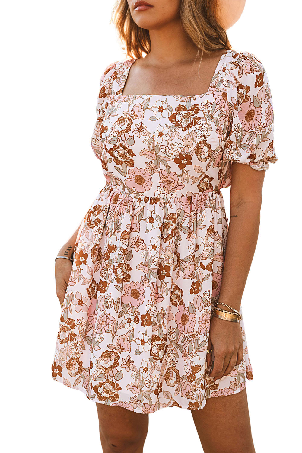 White Floral Print Bow Knot Backless Square Neck Mini Dress