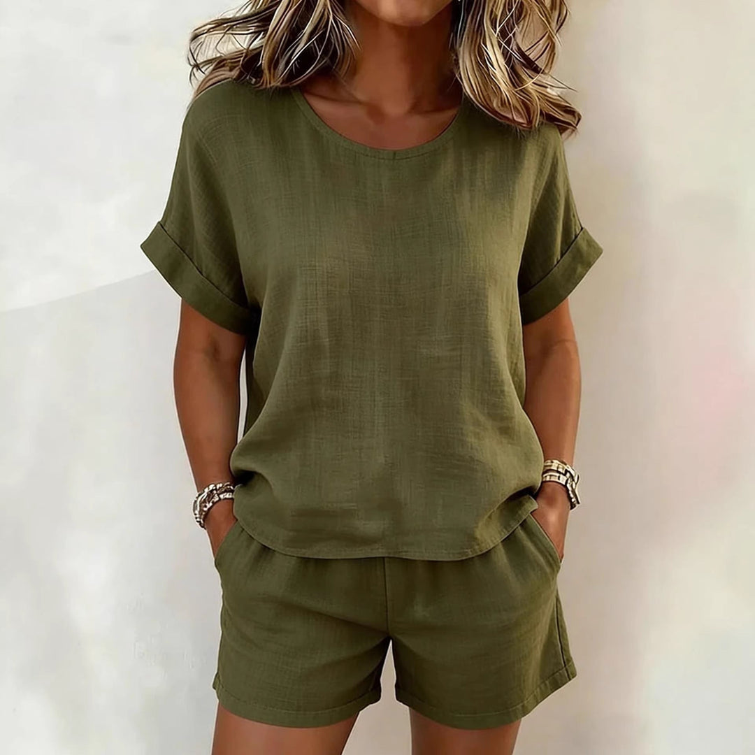 Solid-Color T-Shirt &amp; Shorts Set – Cotton Linen, 10 Colors