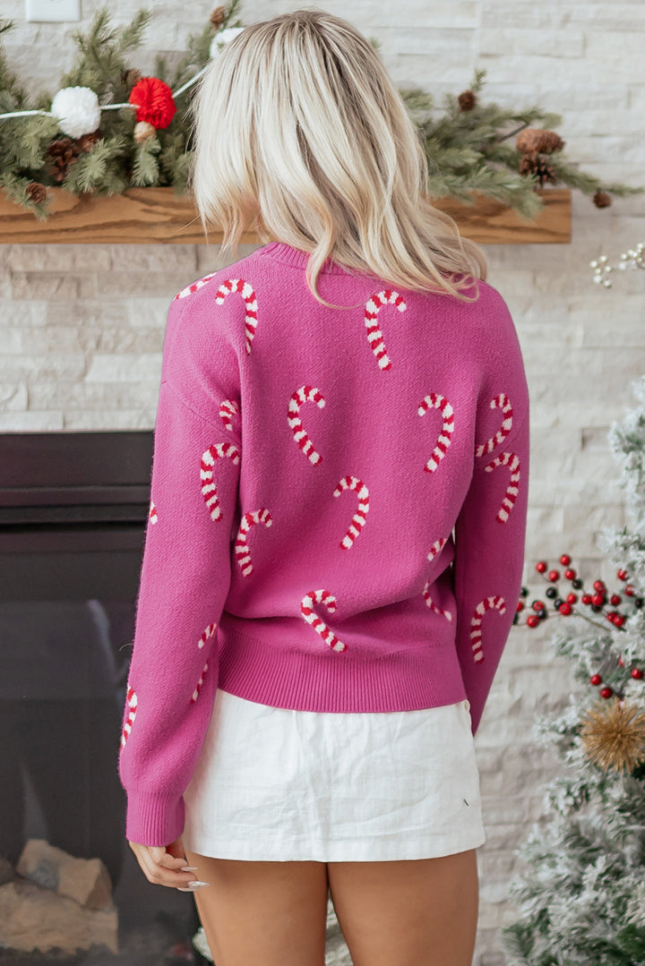 Dark Green Christmas Candy Cane Holiday Drop Shoulder Sweater