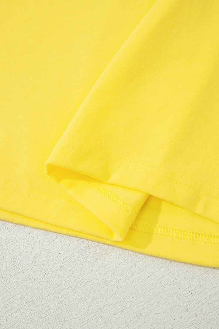 Yellow Solid Color V Neck Short Puff Sleeve Blouse
