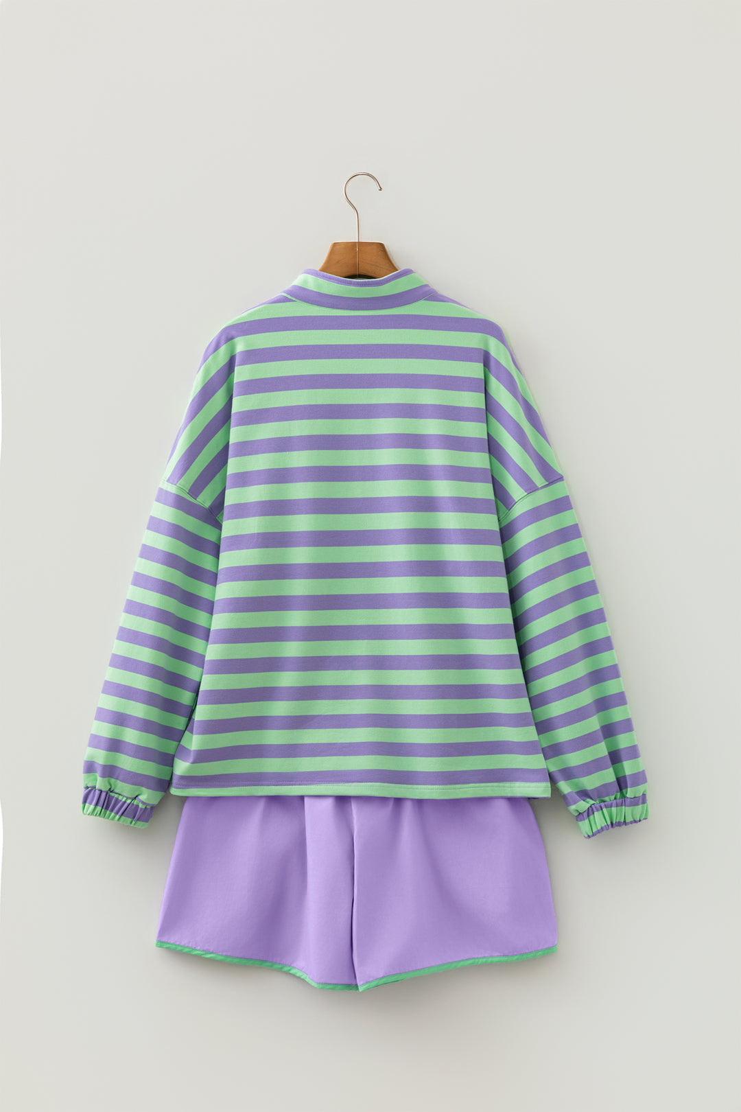 Purple Stripe Snap Button Long Sleeve Henley Top Contrast Shorts Two Piece Set
