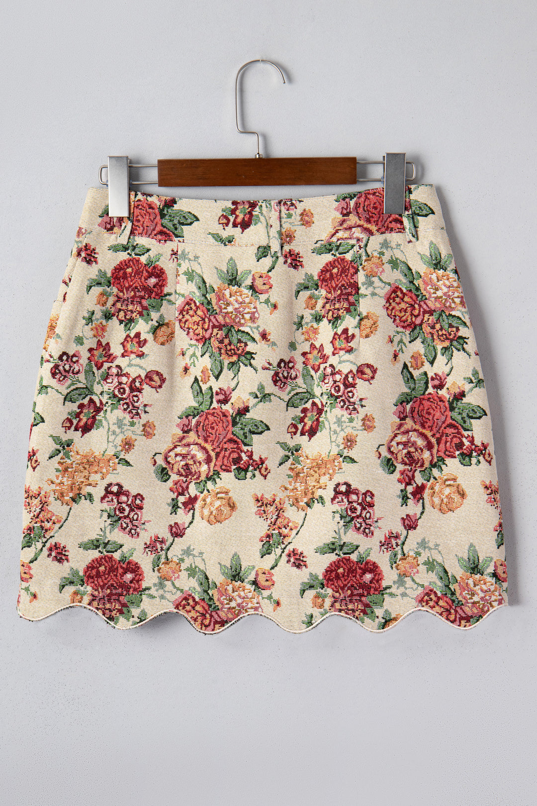 Apricot Buttoned Front Scalloped Trim Mini Jacquard Floral Skirt