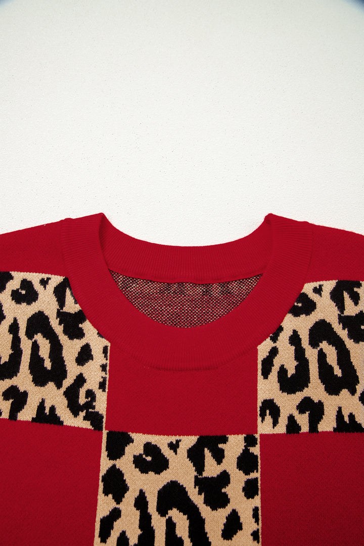 Green Plus Size Leopard Contrasted Checkered Short Sleeve Sweater