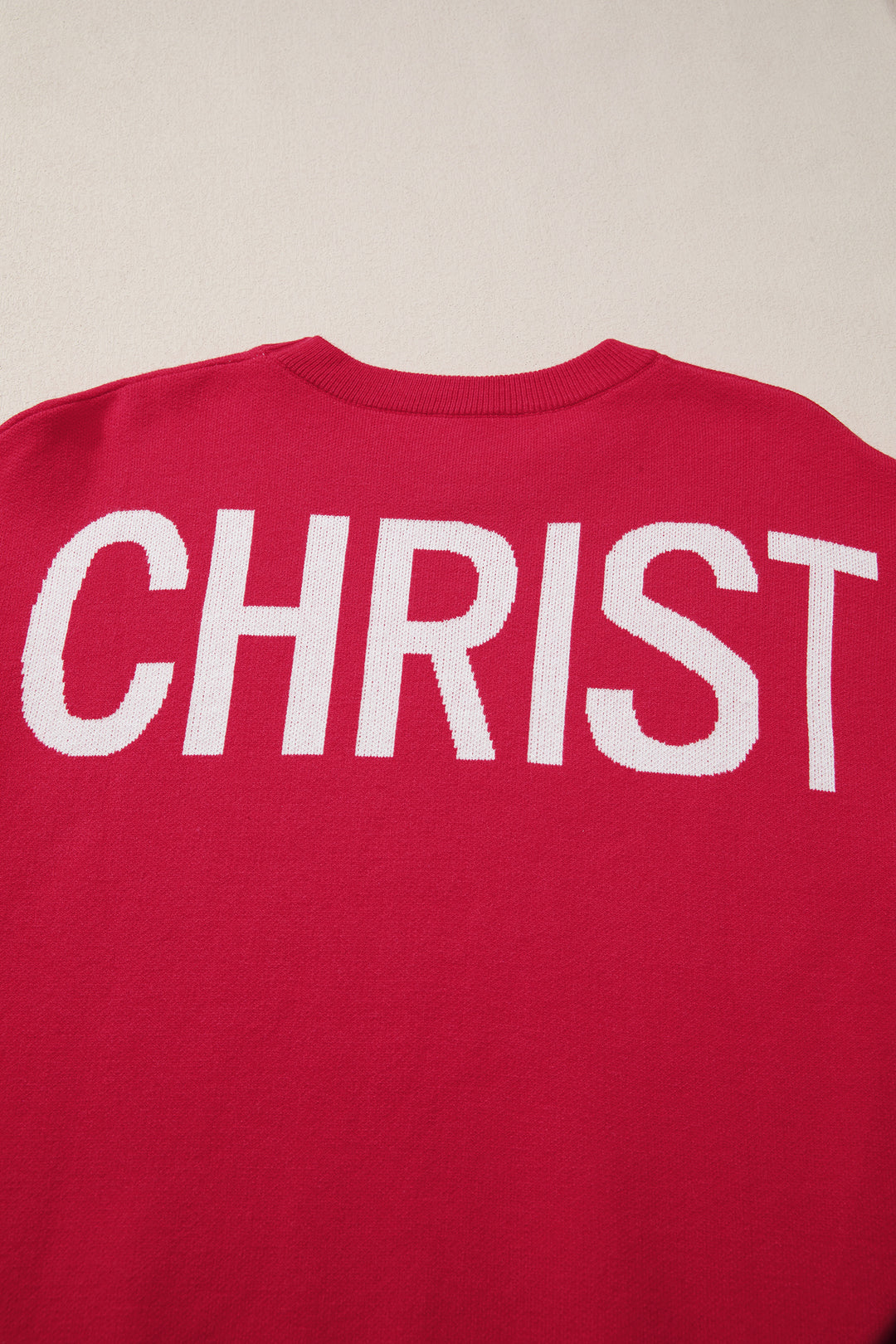 Fiery Red HO HO HO MERRY CHRISTMAS Drop Shoulder Loose Sweater