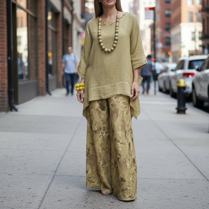 Cotton-Linen Irregular Hem Drop-Shoulder Top &amp; Wide-Leg Pants Set | 3 Colors
