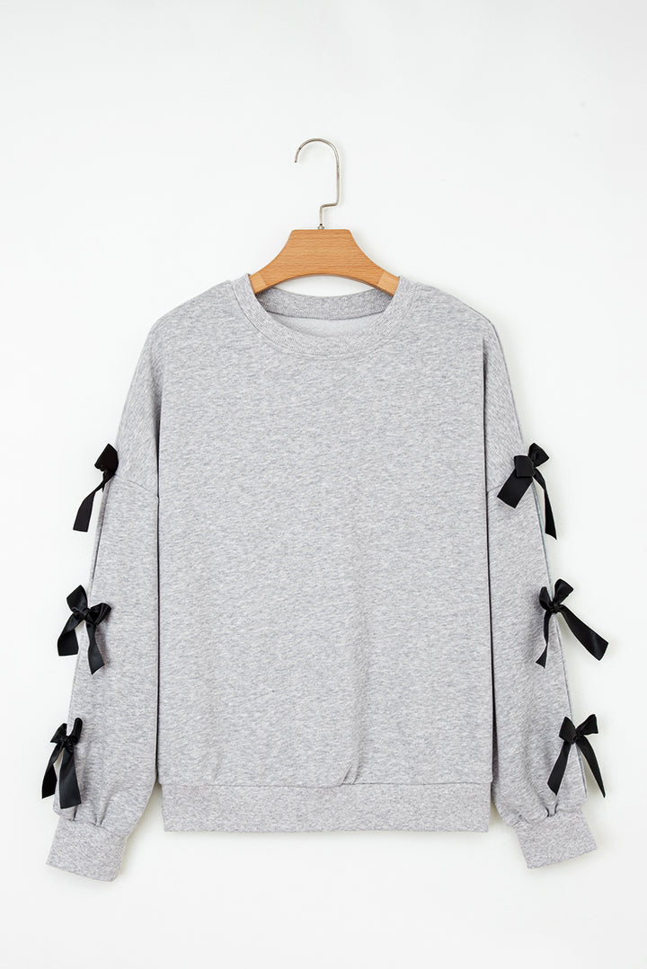 Light Grey Contrast Bow Applique Drop Sleeve Round Neck Sweatshirt